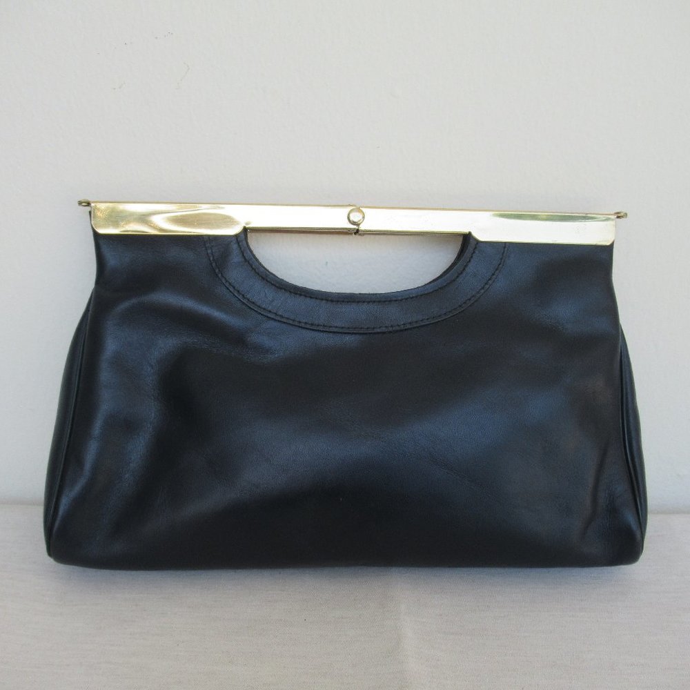 Letisse Vintage Genuine Leather Clutch Bag Purse Navy Blue and Gold Tone Hinged